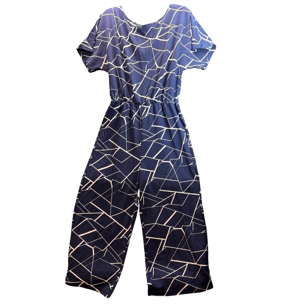 Yeeka‎ Jumpsuit Womens Large Blue Geometric Wide Leg Short Sleeve Flowy Business